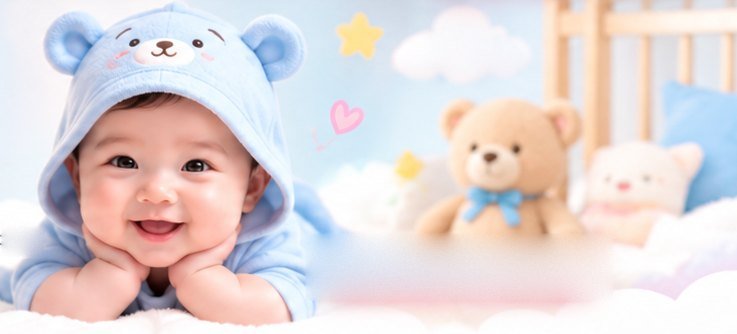 A smiling baby in a blue bear hoodie resting on a soft blanket beside a teddy bear