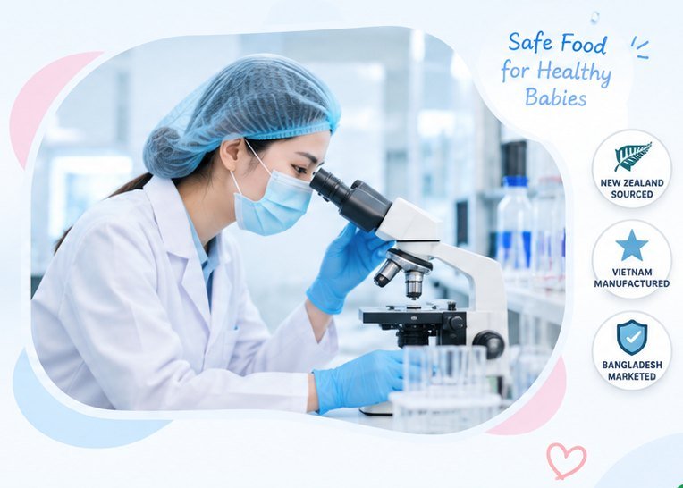 A lab scientist examining a sample under a microscope, with badges: New Zealand sourced, Vietnam manufactured, Bangladesh marketed